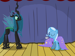 Size: 1280x957 | Tagged: safe, artist:evil-dec0y, derpibooru import, queen chrysalis, trixie, changeling, changeling queen, pony, unicorn, comic:trixie vs., cape, clothes, duo, duo female, female, hat, mare, stage, trixie's cape, trixie's hat