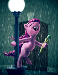 Size: 638x826 | Tagged: safe, artist:giantmosquito, pinkie pie, earth pony, pony, parody, rain, singin' in the rain, singing, streetlight, umbrella, wip