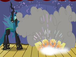 Size: 1280x957 | Tagged: safe, artist:evil-dec0y, derpibooru import, queen chrysalis, trixie, changeling, changeling queen, pony, unicorn, comic:trixie vs., duo, duo female, female, mare, smoke, stage