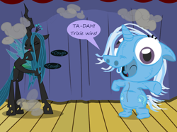 Size: 1280x957 | Tagged: safe, artist:evil-dec0y, derpibooru import, queen chrysalis, trixie, changeling, changeling queen, pony, unicorn, comic:trixie vs., bipedal, clothes, costume, duo, duo female, female, mare, pony costume, stage