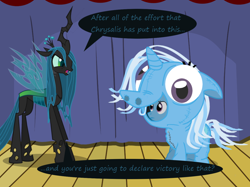 Size: 1280x957 | Tagged: safe, artist:evil-dec0y, derpibooru import, queen chrysalis, trixie, changeling, changeling queen, pony, unicorn, comic:trixie vs., clothes, costume, duo, duo female, female, mare, pony costume, stage