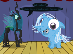 Size: 1280x957 | Tagged: safe, artist:evil-dec0y, derpibooru import, queen chrysalis, trixie, changeling, changeling queen, pony, unicorn, comic:trixie vs., clothes, costume, duo, duo female, female, mare, pony costume, stage