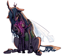 Size: 2299x2077 | Tagged: safe, artist:nobody, derpibooru import, queen chrysalis, oc, oc:anon, changeling, human, anonymous, clothes, female, hug, human male, male, my big pony, size difference