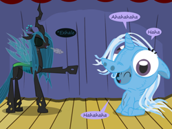 Size: 1280x957 | Tagged: safe, artist:evil-dec0y, derpibooru import, queen chrysalis, trixie, changeling, changeling queen, pony, unicorn, comic:trixie vs., clothes, costume, duo, duo female, eyes closed, female, laughing, mare, pony costume, stage