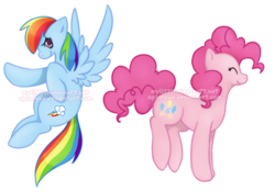 Size: 1336x937 | Tagged: safe, artist:opheleus, pinkie pie, rainbow dash, earth pony, pegasus, pony, blue coat, duo, duo female, female, mare, multicolored mane, pink coat, pink mane, wings