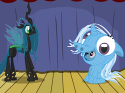 Size: 1280x957 | Tagged: safe, artist:evil-dec0y, derpibooru import, queen chrysalis, trixie, changeling, changeling queen, pony, unicorn, comic:trixie vs., clothes, costume, duo, duo female, female, mare, pony costume, stage