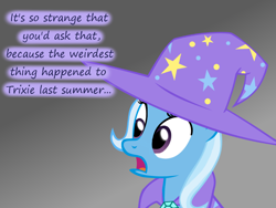 Size: 1200x900 | Tagged: safe, artist:evil-dec0y, derpibooru import, trixie, pony, unicorn, comic:trixie vs., cape, clothes, female, gradient background, hat, mare, solo, speech, trixie's cape, trixie's hat