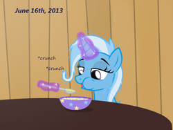 Size: 1200x900 | Tagged: safe, artist:evil-dec0y, derpibooru import, trixie, pony, unicorn, comic:trixie vs., bowl, cereal, eating, female, food, glowing horn, horn, magic, mare, messy mane, morning ponies, onomatopoeia, solo, telekinesis