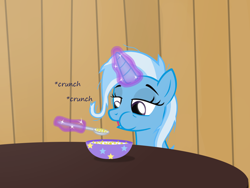 Size: 1200x900 | Tagged: safe, artist:evil-dec0y, derpibooru import, trixie, pony, unicorn, comic:trixie vs., bowl, eating, female, glowing horn, horn, magic, mare, messy mane, onomatopoeia, solo, telekinesis