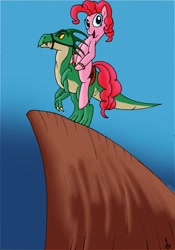 Size: 1791x2552 | Tagged: safe, artist:fimoman, pinkie pie, dinosaur, earth pony, pony, artists training ground, blue background, female, mare, newbie artist training grounds, ponies riding dinosaurs, reins, saddle, simple background, tack