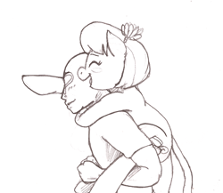 Size: 1006x873 | Tagged: safe, artist:i am nude, coco pommel, oc, oc:anon, human, pony, /mlp/, blushing, carrying, cute, hair ornament, happy, holding a pony, piggyback ride, ponies riding humans, smiling