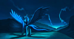 Size: 1280x674 | Tagged: safe, artist:auroriia, princess luna, alicorn, pony, aurora borealis, mountain, s1 luna, scenery, solo, spread wings, twilight (astronomy), waterfall