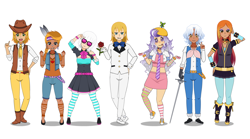 Size: 2262x1260 | Tagged: safe, artist:kathara_khan, braeburn, little strongheart, photo finish, pokey pierce, prince blueblood, sassy saddles, screwball, human, bandaid, boots, bowtie, clothes, collar, converse, dark skin, dress, ear piercing, earring, gloves, group, hat, headband, headdress, humanized, jewelry, kisekae, midriff, miniskirt, pantyhose, piercing, pleated skirt, propeller hat, rapier, shoes, simple background, skirt, smirk, sneakers, socks, striped pantyhose, striped socks, suit, sunglasses, sword, thigh highs, weapon, white background