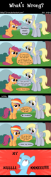 Size: 1300x4500 | Tagged: safe, artist:j-z-a, derpy hooves, rainbow dash, scootaloo, pegasus, pony, bald, balderdash, comic, female, mare, wig