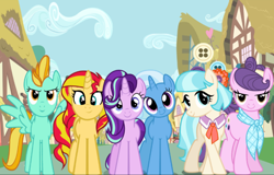 Size: 1022x655 | Tagged: safe, artist:furriesandflurries, derpibooru import, coco pommel, lightning dust, starlight glimmer, sunset shimmer, suri polomare, trixie, earth pony, pegasus, pony, unicorn, alternate mane six, alternate universe, ponyville