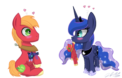 Size: 1203x768 | Tagged: dead source, safe, artist:tsand106, big macintosh, princess luna, alicorn, earth pony, pony, blushing, doll, lunamac, male, shipping, simple background, stallion, straight, toy