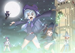 Size: 2923x2067 | Tagged: safe, artist:ryured, derpibooru import, starlight glimmer, trixie, twilight sparkle, human, anime, broom, clothes, crossover, full moon, hat, humanized, little witch academia, moon, netflix, night, open mouth, stars, witch hat