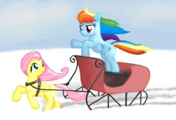 Size: 1280x875 | Tagged: safe, artist:tensecondsflat, fluttershy, rainbow dash, pegasus, pony, sleigh, snow