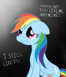 Size: 1371x1600 | Tagged: dead source, safe, artist:zirbronium, rainbow dash, pegasus, pony, crying, frown, rejection, sad, solo