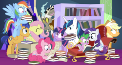 Size: 1560x840 | Tagged: safe, artist:dm29, applejack, discord, flash sentry, fluttershy, pinkie pie, rainbow dash, rarity, shining armor, spike, twilight sparkle, twilight sparkle (alicorn), alicorn, dragon, earth pony, pegasus, pony, unicorn, book, bookshelf, box, fainting couch, female, levitation, library, magic, mane seven, mane six, mare, moving, quill, reading, scroll