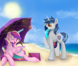 Size: 1024x873 | Tagged: safe, artist:digitalcyn, princess cadance, shining armor, alicorn, pony, unicorn, beach, drink, female, lens flare, magic, male, open mouth, prone, shiningcadance, shipping, straight, sunglasses, surfboard, umbrella