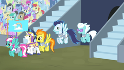 Size: 1266x720 | Tagged: safe, screencap, amethyst star, blues, crystal arrow, crystal beau, daisy, dizzy twister, doctor whooves, fleetfoot, flower wishes, goldengrape, ivory, ivory rook, lemon hearts, lucky clover, minuette, night knight, noteworthy, orange swirl, roseluck, shining armor, sir colton vines iii, soarin', sparkler, spitfire, spring melody, spring step, sprinkle medley, sunlight spring, crystal pony, pony, unicorn, equestria games (episode), background pony, don neigh, equestria games, flying, fruit pack, happy khaki, ruby splash, sunglasses, trail blazer, unnamed pony, wonderbolts