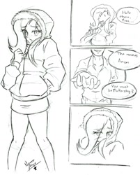 Size: 1222x1519 | Tagged: safe, artist:nayaasebeleguii, fluttershy, oc, oc:anon, equestria girls, clothes, cute, hoodie, humanized, monochrome