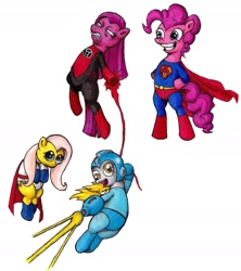 Size: 1563x1761 | Tagged: safe, artist:darkone10, derpy hooves, fluttershy, pinkie pie, pegasus, pony, crossover, dc comics, female, green lantern, mare, megaman, megamare, pinkamena diane pie, power girl, red lantern, superman