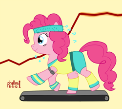 Size: 806x720 | Tagged: safe, artist:phallen1, pinkie pie, earth pony, pony, female, mare, pink coat, pink mane, treadmill, workout