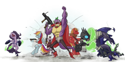 Size: 1024x512 | Tagged: safe, artist:stupjam, big macintosh, rainbow dash, spike, zecora, changeling, dragon, pegasus, pony, zebra, demoman, fight, heavy weapons guy, mann vs machine, older, parody, pyro, scout, soldier, team fortress 2