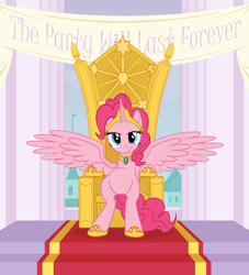 Size: 816x900 | Tagged: safe, artist:averagedraw, pinkie pie, alicorn, pony, alicornified, element of laughter, hilarious in hindsight, pinkiecorn, race swap, throne, xk-class end-of-the-world scenario