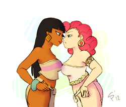 Size: 1059x893 | Tagged: safe, artist:rustydooks, artist:sugar-plum, pinkie pie, human, belly button, bracelet, chel, humanized, loincloth, midriff, symmetrical docking, the road to el dorado