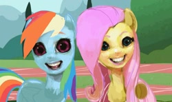 Size: 1280x759 | Tagged: safe, artist:shemhamferosh, edit, fluttershy, rainbow dash, pegasus, pony, may the best pet win, do not want, faic, looking at you, nightmare fuel, oh god the eyes, uncanny valley