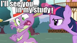 Size: 960x540 | Tagged: safe, derpibooru import, edit, edited screencap, screencap, spike, twilight sparkle, dragon, pony, unicorn, secret of my excess, caption, hat, image macro, male, moral orel