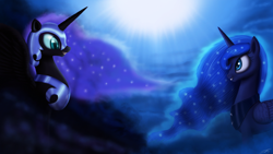 Size: 2842x1598 | Tagged: dead source, safe, artist:jeki, nightmare moon, princess luna, alicorn, pony, face to face, fangs, smiling