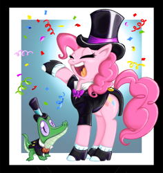 Size: 920x975 | Tagged: safe, artist:macflash2, gummy, pinkie pie, earth pony, pony, clothes, tuxedo