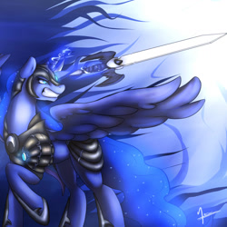 Size: 1280x1280 | Tagged: safe, artist:jamesjackobgermany, princess luna, alicorn, pony, solo, sword, warrior luna, weapon