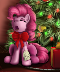 Size: 1000x1200 | Tagged: safe, artist:sonicrainboom93, pinkie pie, earth pony, pony, brony, christmas, christmas tree, eyes closed, present, solo, tree, yawn