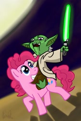 Size: 690x1024 | Tagged: safe, artist:petirep, pinkie pie, earth pony, pony, clone wars, crossover, cute, diapinkes, disney, grand jedi master, grand master, hasbro, if only, jedi, jedi master, riding, star wars, war hero, yoda