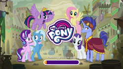 Size: 1280x720 | Tagged: safe, derpibooru import, fluttershy, hoo'far, rarity, starlight glimmer, trixie, twilight sparkle, twilight sparkle (alicorn), alicorn, pegasus, pony, unicorn, road to friendship, city, crown, gameloft, jewelry, loading screen, regalia, saddle arabia