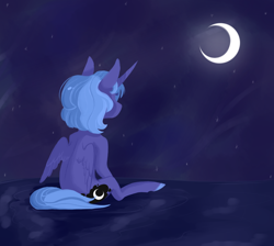 Size: 1280x1147 | Tagged: safe, artist:jellybeanbullet, princess luna, alicorn, pony, blue, crescent moon, moon, night, s1 luna, sitting, solo, stars, younger