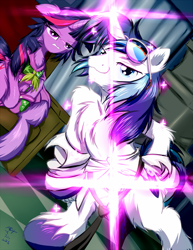 Size: 957x1239 | Tagged: safe, artist:frist44, shining armor, spike, twilight sparkle, twilight sparkle (alicorn), alicorn, dragon, pony, unicorn, aikuro mikisugi, annoyed, bedroom eyes, blushing, boxes, clothes, female, kill la kill, mare, nudist beach, office, parody, pose, ryuko matoi, senketsu, shining, sitting, stars, stripping, sunglasses, unshorn fetlocks