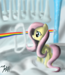 Size: 4000x4569 | Tagged: safe, artist:jarkey11, fluttershy, rainbow dash, pegasus, pony, cloud, cloudsdale, duo, female, folded wings, high res, looking at something, mare, on a cloud, rainbow trail, solo focus, standing, three quarter view, wings