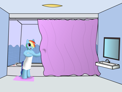 Size: 4096x3072 | Tagged: safe, artist:dash1e, rainbow dash, pegasus, pony, bathroom, blue coat, female, mare, multicolored mane, solo, towel