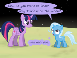 Size: 1200x900 | Tagged: safe, artist:evil-dec0y, derpibooru import, trixie, twilight sparkle, twilight sparkle (alicorn), alicorn, pony, comic:trixie vs., comic:trixie vs. the moon, age regression, female, filly, filly trixie, moon, younger