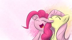 Size: 1960x1080 | Tagged: safe, artist:dshou, fluttershy, pinkie pie, earth pony, pegasus, pony, abstract background, duo, ear bite, eyes closed, female, flutterpie, happy, lesbian, mare, shipping, smiling