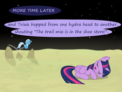 Size: 1200x900 | Tagged: safe, artist:evil-dec0y, derpibooru import, trixie, twilight sparkle, twilight sparkle (alicorn), alicorn, pony, comic:trixie vs., comic:trixie vs. the moon, age regression, female, filly, filly trixie, moon, skipping, sleeping, younger