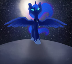 Size: 2228x2000 | Tagged: safe, artist:miss-cats, princess luna, alicorn, pony, female, mare, moon, night, solo, spread wings, wings