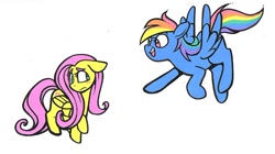 Size: 700x393 | Tagged: safe, artist:owlygem, fluttershy, rainbow dash, pegasus, pony, blue coat, female, mare, multicolored mane, pink mane, wings, yellow coat