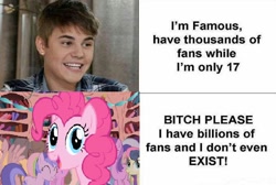 Size: 680x458 | Tagged: safe, pinkie pie, earth pony, pony, female, justin bieber, mare, pink coat, pink mane, text, vulgar